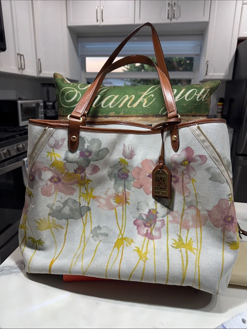 Laurent Ralph Laurent Canvas Floral Tote with Brown Leather Trim